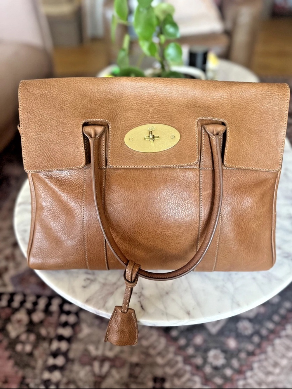 Mulberry Brown Leather Shoulder Tote with Gold Turn-Lock